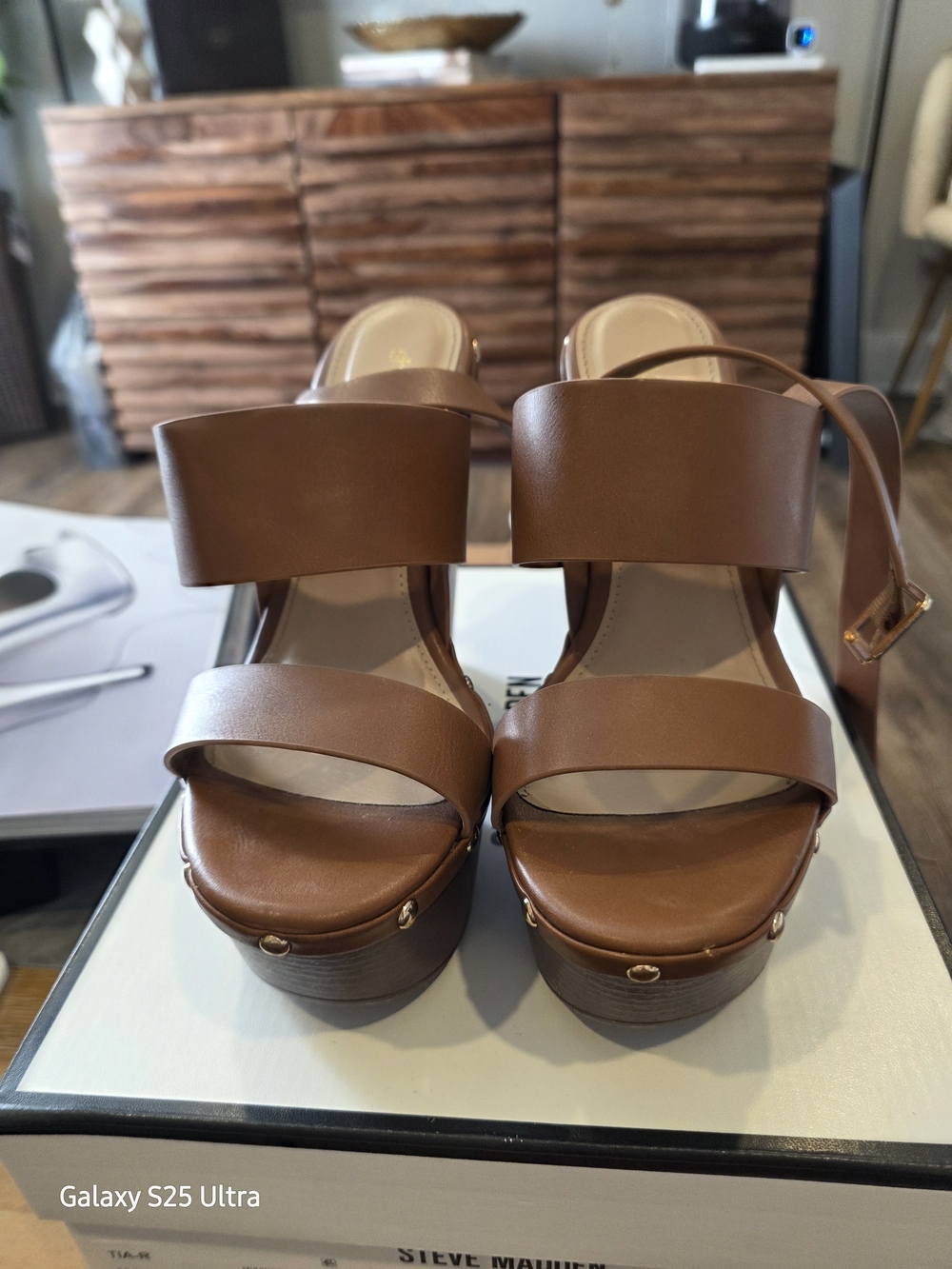Tan Leather Platform Sandals with Ankle Strap